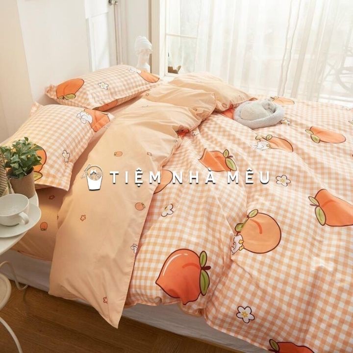 (Gia Sốc )Bộ Chăn Ga Gối Cotton 3D✨m6/m8/2m-Tiệm Nhà Mêu✨Set 4 Món 2Vỏ gối ,drap ,vỏ chăn Cotton 80% Vịt Trắng Phối Đào