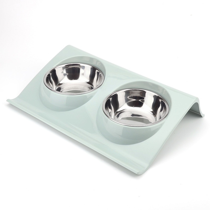 Creative Thick Stainless Steel Pet Double Bowl Inclined Style PP Material Durable Three-color Pet Cat and Dog Feeding Bowl