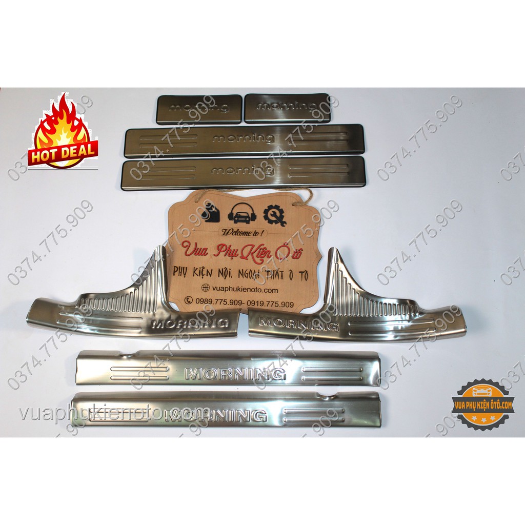 (TẶNG THÊM 2 cuộn băng keo 3M) Ốp bậc cửa inox Kia Morning 2013 -2020 -Bộ 8 miếng trong ngoài
