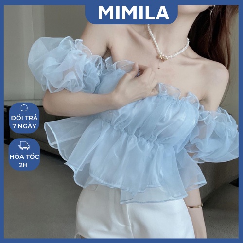 Áo Trễ Vai Tay Phồng MIMILA Áo Voan Tơ 2 Lớp Bồng Bềnh Dày Dặn Phong Cách Tiểu Thư Hàn Quốc Dễ Thương - MA054