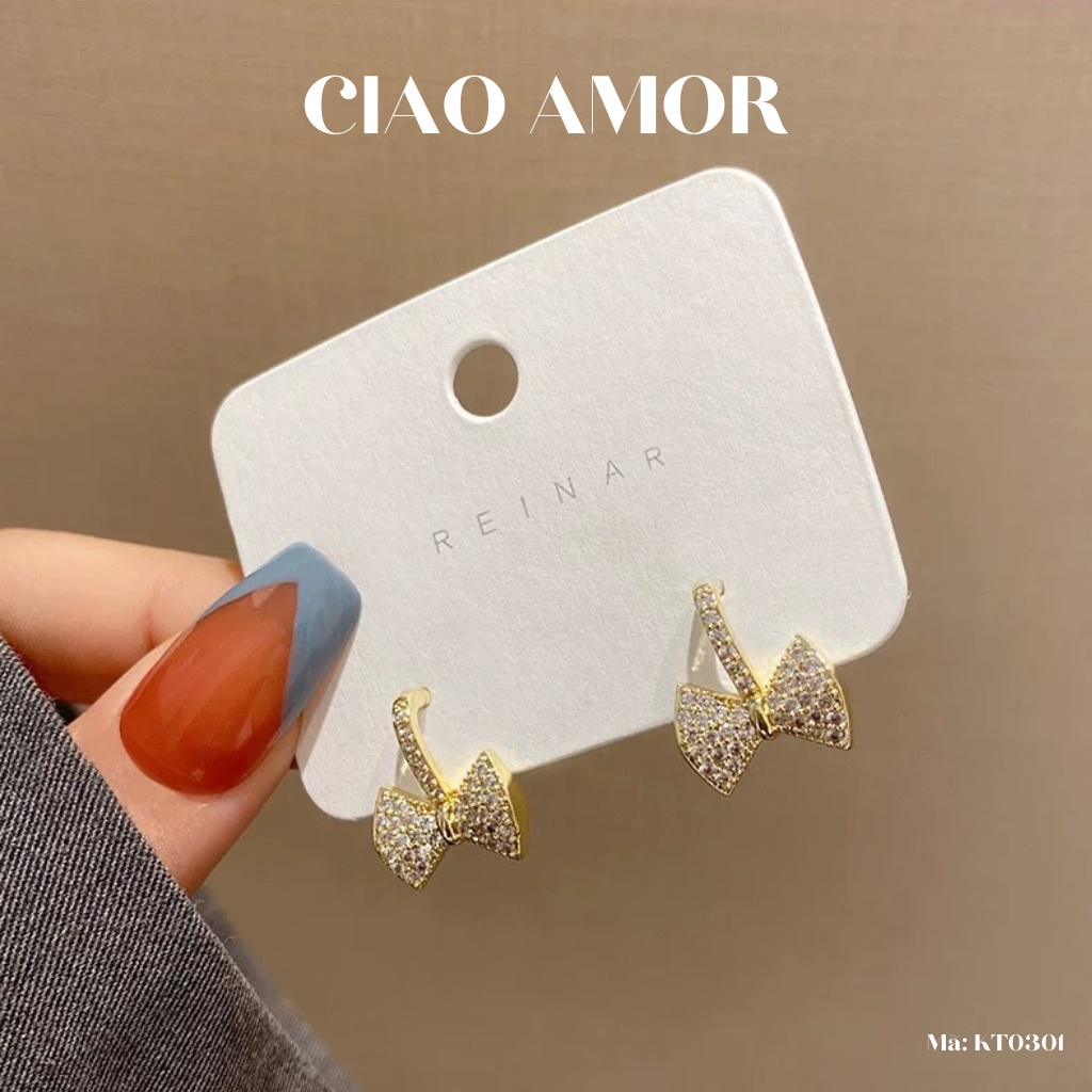Khuyên tai nữ, Bông tai nữ bạc 925 thanh nơ đính đá dễ thương Trang sức Ciao Amor - KT0301
