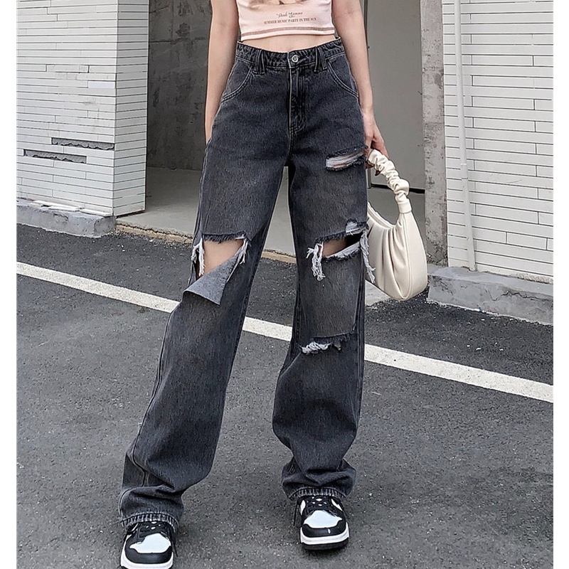 Quần Jean Nữ Ống Rộng Rách Gối Thời Trang