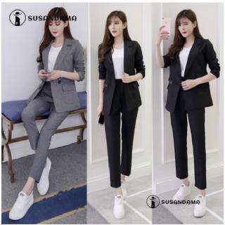 Set Áo Khoác Blazer Phối Nút + Quần Dài Thời Trang Cho Nữ