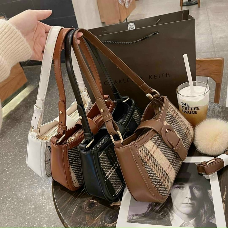 Túi Đeo Chéo Nữ Phối Thổ Cr, Túi Xách Nữ Dạ Kẻ Thời Trang Hàn Quốc