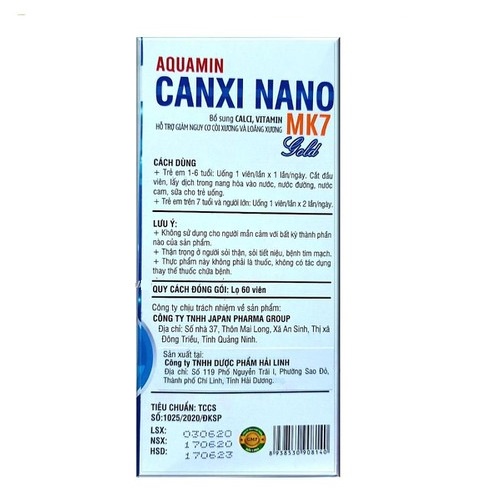 Viên uống Canxi Nano MK7 phát triển chiều cao, chắc khỏe xương - Hộp 60 viên