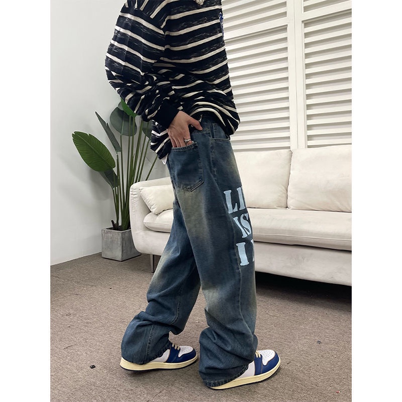 Quần jeans Dài Phối Màu Sắc Nổi Bật Phong Cách Hip Hop Đường Phố Mỹ Cho Nam Và Nữ