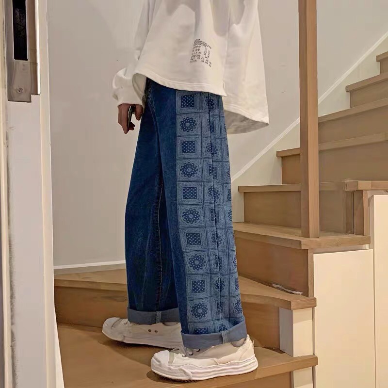 Quần bò jeans ống rộng hoạ tiết sườn phối màu đậm nhạt Ulzzang unisex nam nữ siêu chất ❤️