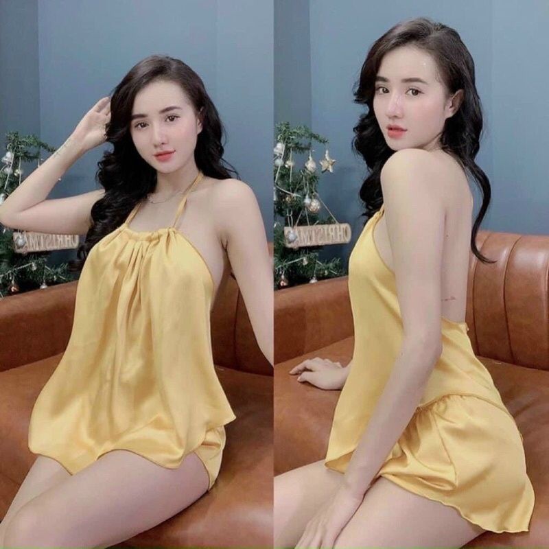 Set bộ lụa yếm dập ly bộ ngủ mặc nhà sexy gợi cảm CARY