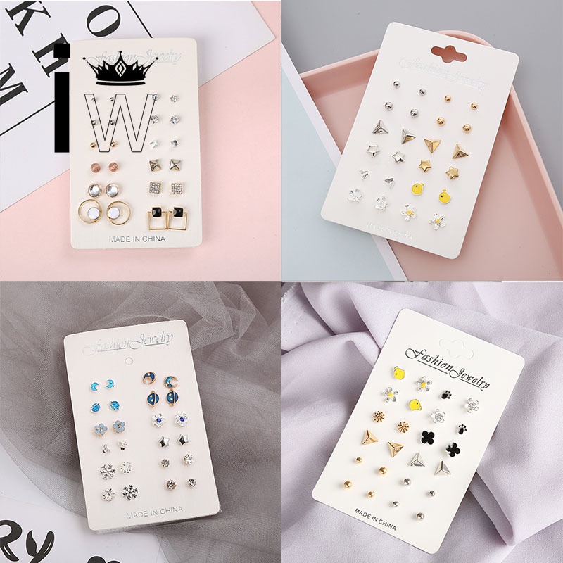 Set 12 đôi bông tai hợp kim hình trăng / hành tinh / bông tuyết đính đá thời trang cho nữ