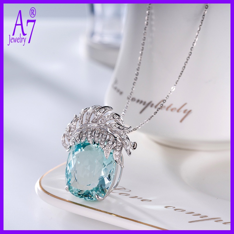 Mặt Dây Chuyền Bạc S925 Hình Lông Vũ Đính Kim Cương Lớn Màu Xanh Dương Chất Lượng Cao X4Y86