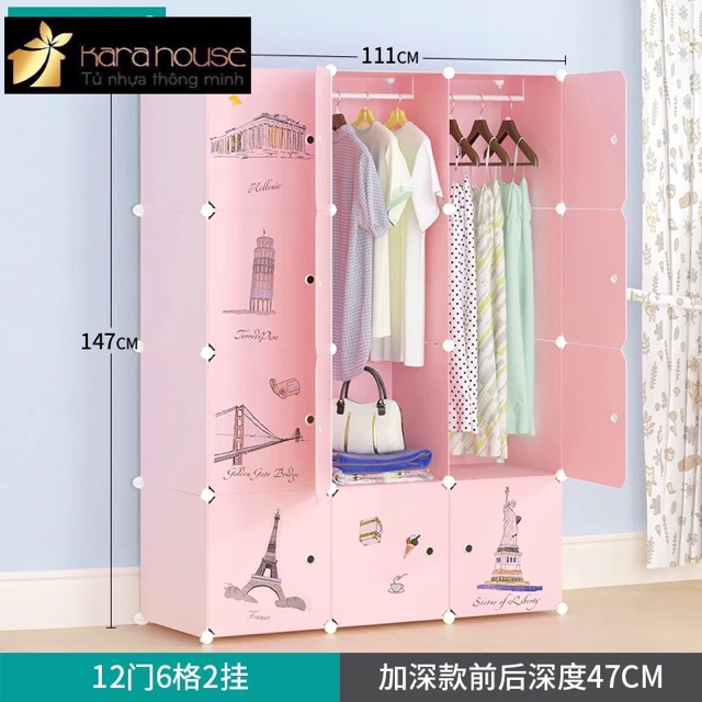 Tủ nhựa quần áo lắp ghép 12 ô sâu 47cm( thân đen cửa đen vân sang chảnh). Tặng 2 móc treo đồ.