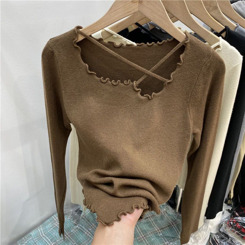 Áo thun nữ BH dài tay cổ phối dây chéo thời trang Hàn Quốc
