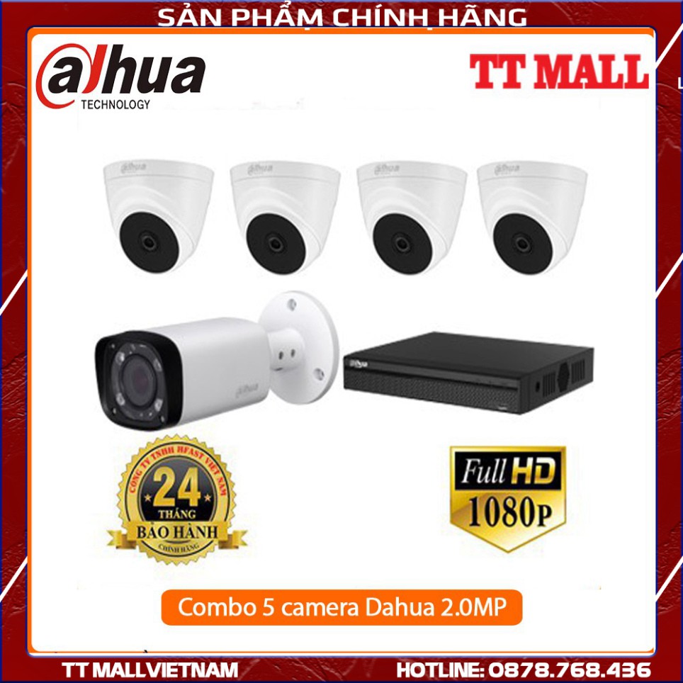 {Giá Hủy Diệt}Trọn Bộ 5 Camera Quan Sát Dahua 2.0MP Full HD 1080P + HDD 500g tặng dây liền nguồn tùy chọn