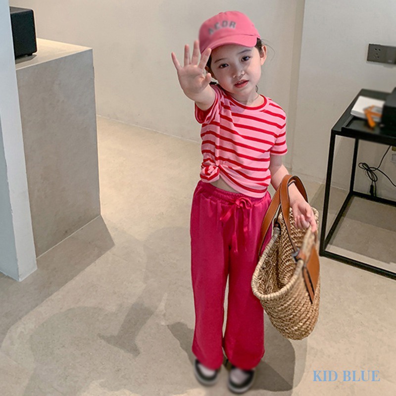 Bộ Áo Dệt Kim Ngắn Tay Kẻ Sọc + Quần Ống Rộng Thời Trang Cho Bé Gái