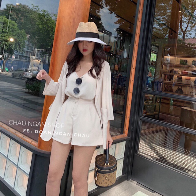 [SALE SALE 20%] [Hàng Quảng Châu] Set áo hai dây + áo vest + quần sooc cao cấp