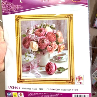 Tranh thêu chữ thập bình hoa tuyệt đẹp 50*60cm