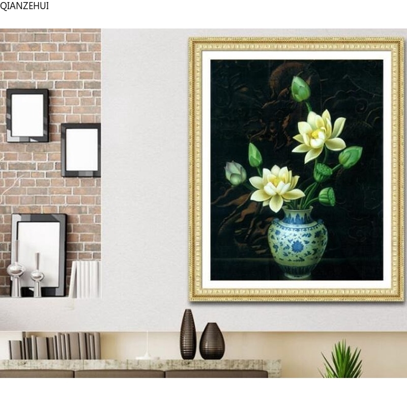 Tranh Thêu Chữ Thập Treo Tường Trang Trí Hình Hoa Sen Đẹp Mắt 2019