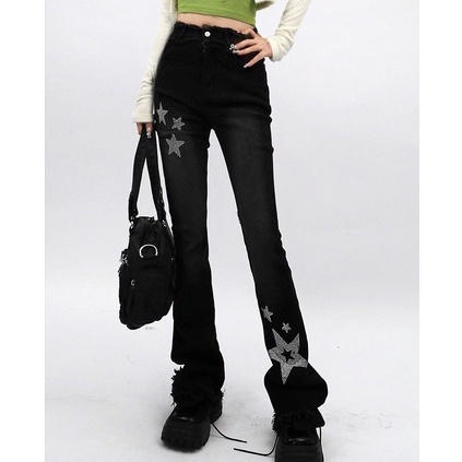 Quần Jeans Ống Loe Lưng Cao Đính Đá Màu Đen Phong Cách Đường Phố Mùa Xuân Y2k Cho Nữ