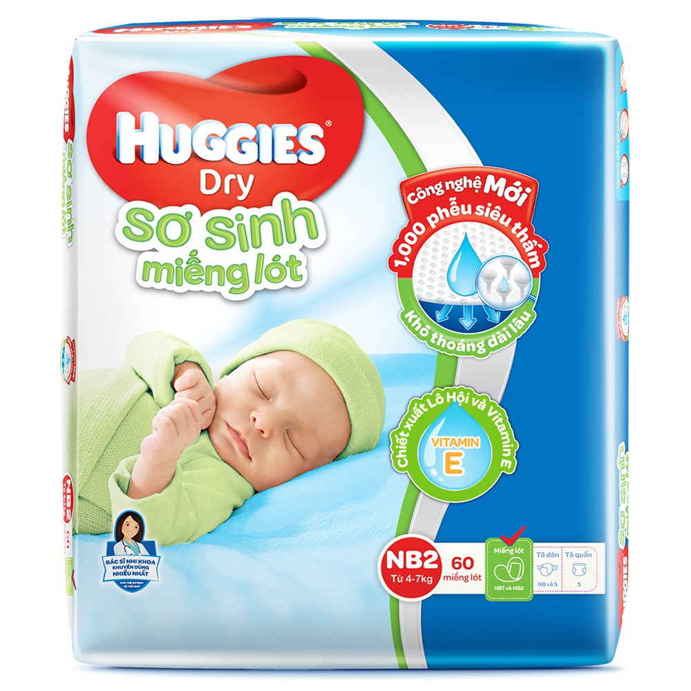 Miếng lót sơ sinh Huggies Dry NB2 60