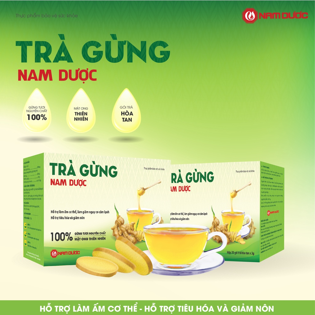 Trà gừng Nam Dược hộp 20 gói x 3g làm ấm cơ thể, giảm nguy cơ cảm lạnh, hỗ trợ tiêu hóa và giảm nôn