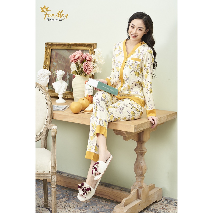 Bộ đồ ngủ, mặc nhà chất Lụa Giấy Luxury Dài Tay Bộ Hoa cổ tim 04 ,forme pijama