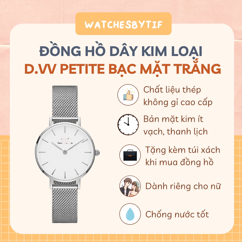 Đồng hồ nữ D.VV PE.TITE kim loại bạc mặt trắng (size 28mm/32mm)