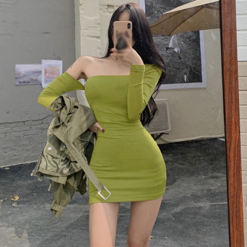 Đầm Body Tay Dài Màu Sắc Retro Phong Cách Hàn Quốc