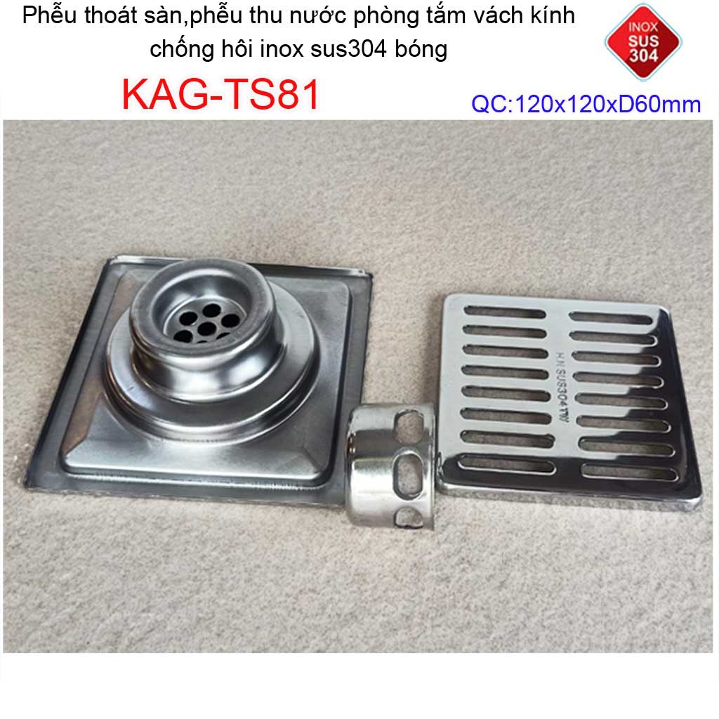 Phễu thoát sàn 12x12cm KAG-TS81(D60cm) inox 304 ga thoát sàn12x12cm cho ống 60mm, thoát sàn mặt sọc thoát nhanh chặn tóc