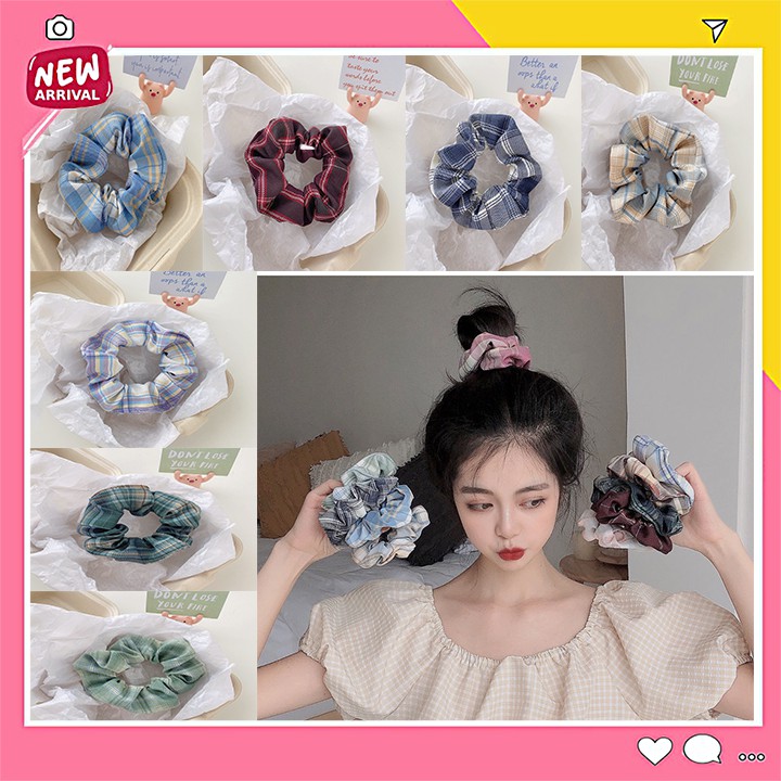 Cột tóc vải Srunchies buộc tóc vải dây buộc tóc họa tiết kẻ caro vintage loại đẹp hot trend 2021