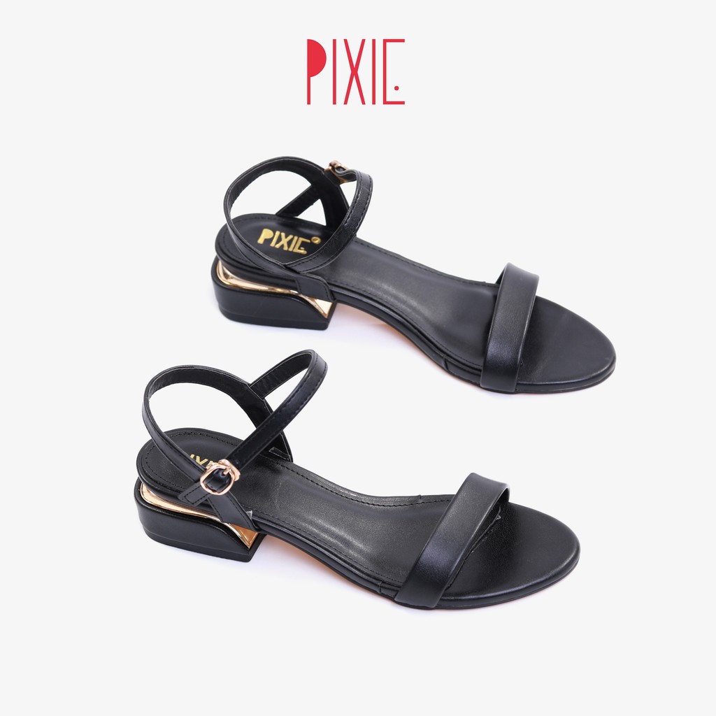 Giày Sandal 3cm Quai Mảnh Đế Vuông Viền Kim Loại Màu Đen Pixie X429