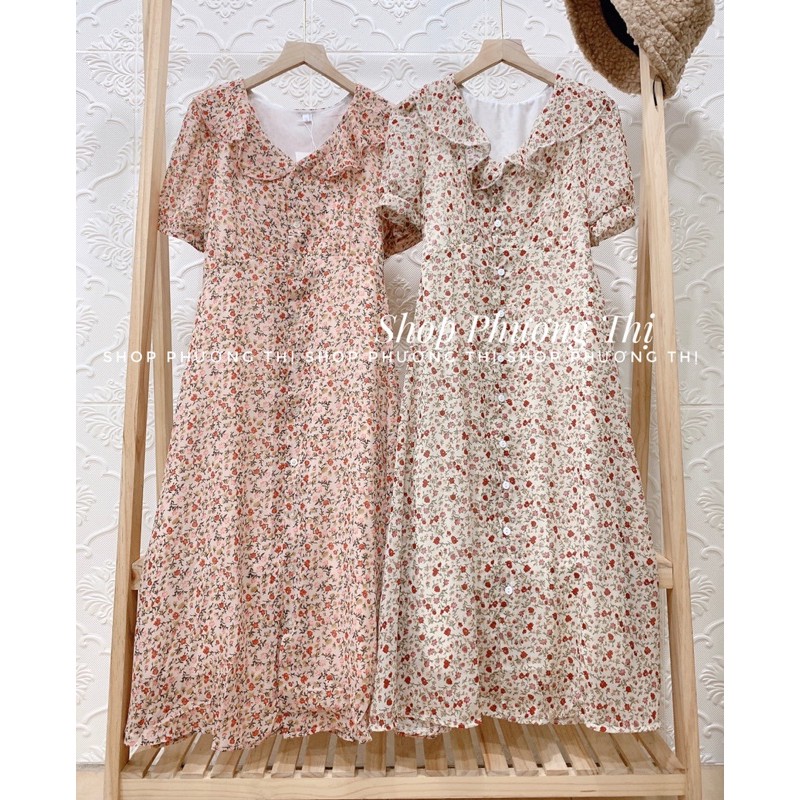 Váy hoa nhí cổ sen bèo cộc tay - Đầm hoa nhí dáng dài qua gối | BigBuy360 - bigbuy360.vn