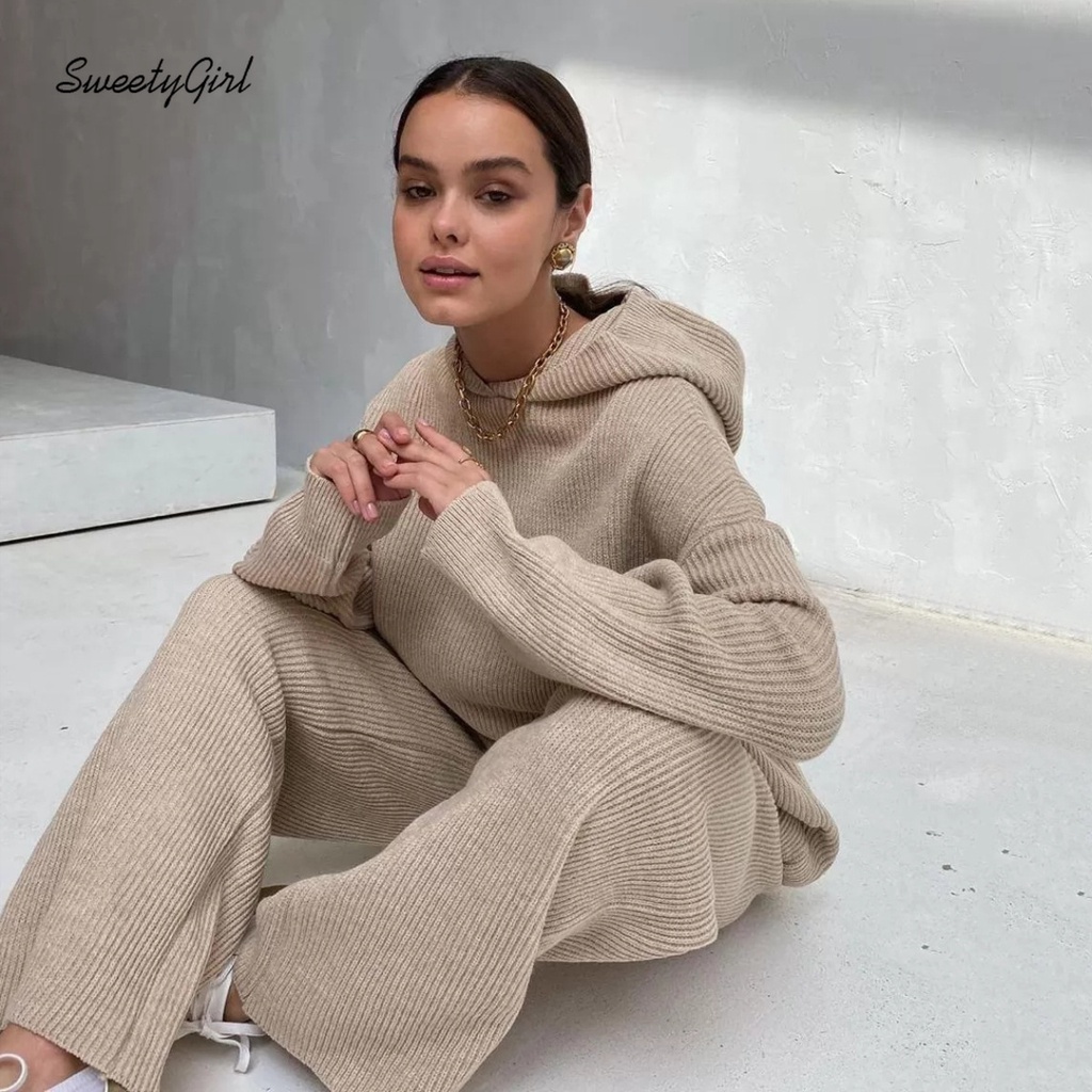 Set Áo Hoodies Có Nón Dài Tay + Quần Dài Ống Rộng Thời Trang Nữ