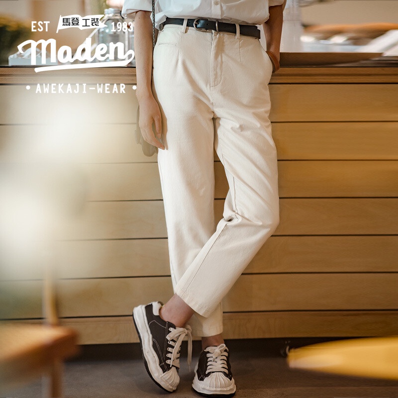 MADEN Quần Dài Dáng Ôm Ống Bút Chì Bằng Vải Cotton Màu Be Phong Cách Nhật Bản Thời Trang Mùa Thu 2022 Hàng Mới Dành Cho Bạn Nữ