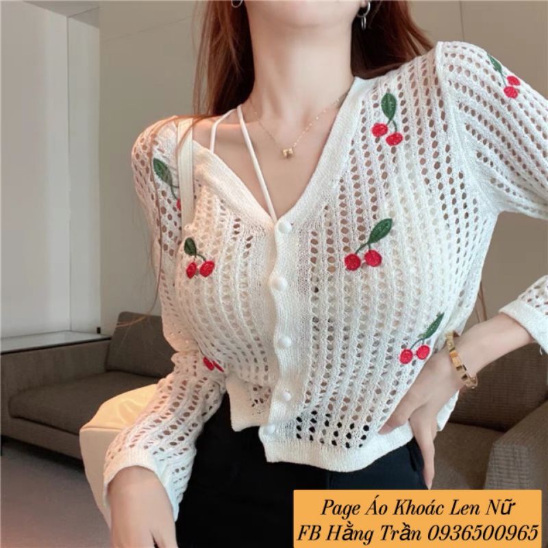 Áo khoác len mỏng cổ tim thêu cherry cút ngọc.
