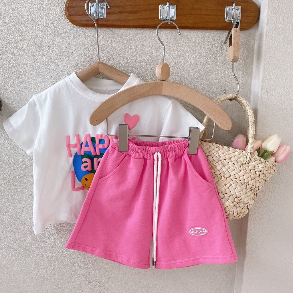 Set Đồ Thể Thao Mùa Hè Gồm Áo Thun Cotton Tay Cộc In Chữ Và Quần Ngắn Phong Cách Phương Tây Cho Bé Gái