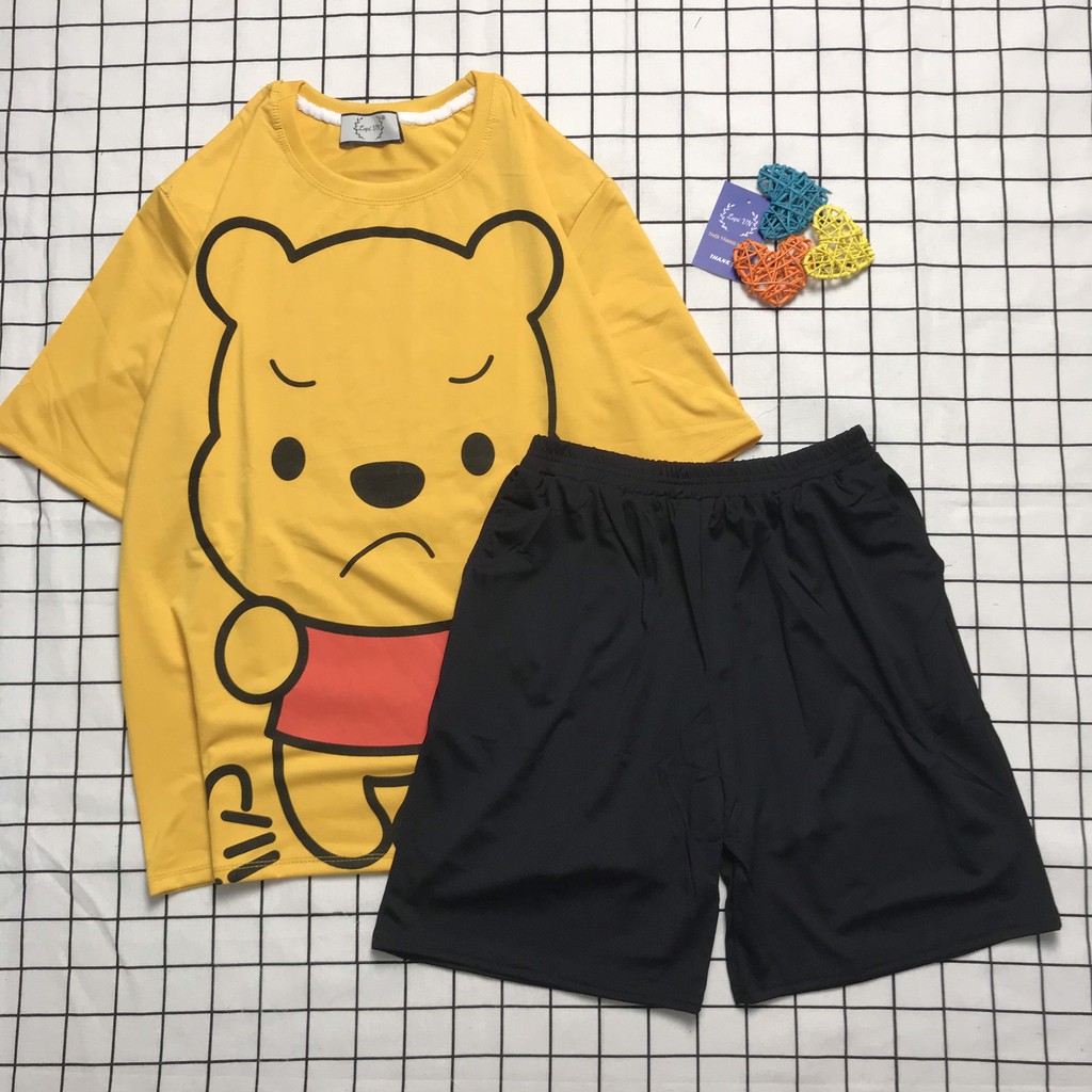 Set Đồ Bộ cartoon &quot; Gấu Pooh&quot;  3D Cute-Lapi VN, Freesize Đến 70kg, Đồ Mặc Nhà Nam Nữ Đều Mặc Được, Chất Thun Cotton
