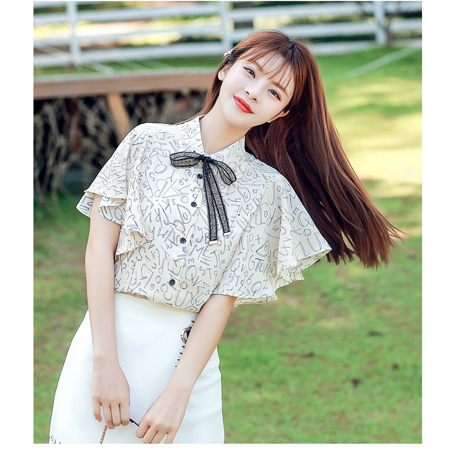 Áo sơ mi chiffon tay ngắn phối bèo in họa tiết phong cách mùa hè Hàn Quốc cho nữ | BigBuy360 - bigbuy360.vn