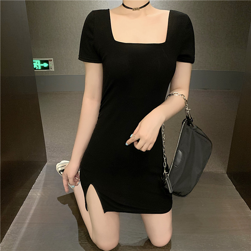 Square-Neck Dress，Korean Style Slim Fit Slit Skirt
