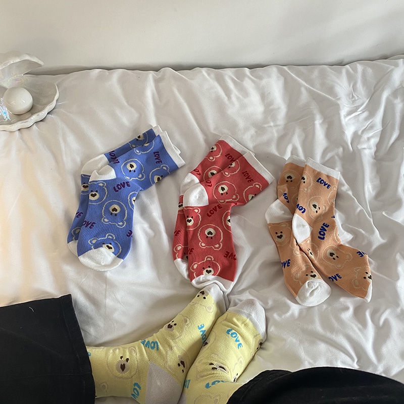 Vớ Cotton Dày Cổ Trung Họa Tiết Hoạt Hình Dễ Thương Phong Cách Hàn Quốc