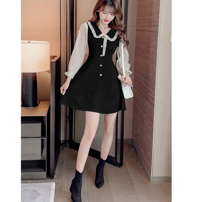 Đầm dáng xòe nữ tay bồng voan cổ bẻ dáng ngắn HSG075, mẫu váy tiểu thư ulzzang cổ bản to kiểu dáng nữ tính