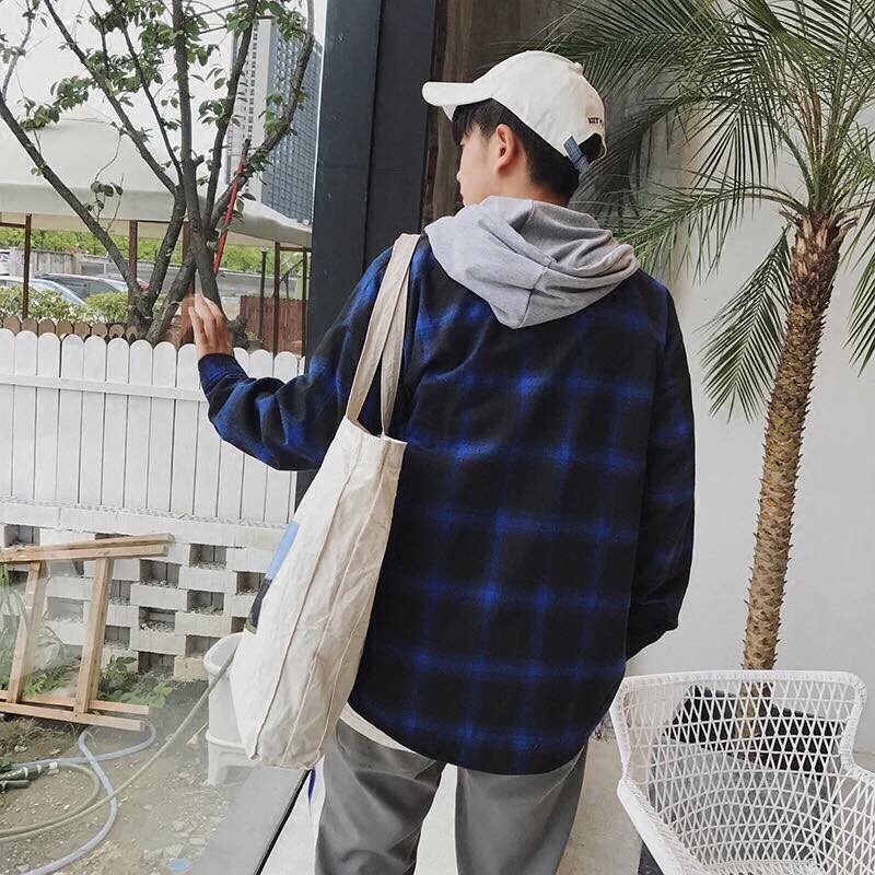 Áo sơ mi nam nữ Flannel có nón sọc ca rô Hàn Quốc