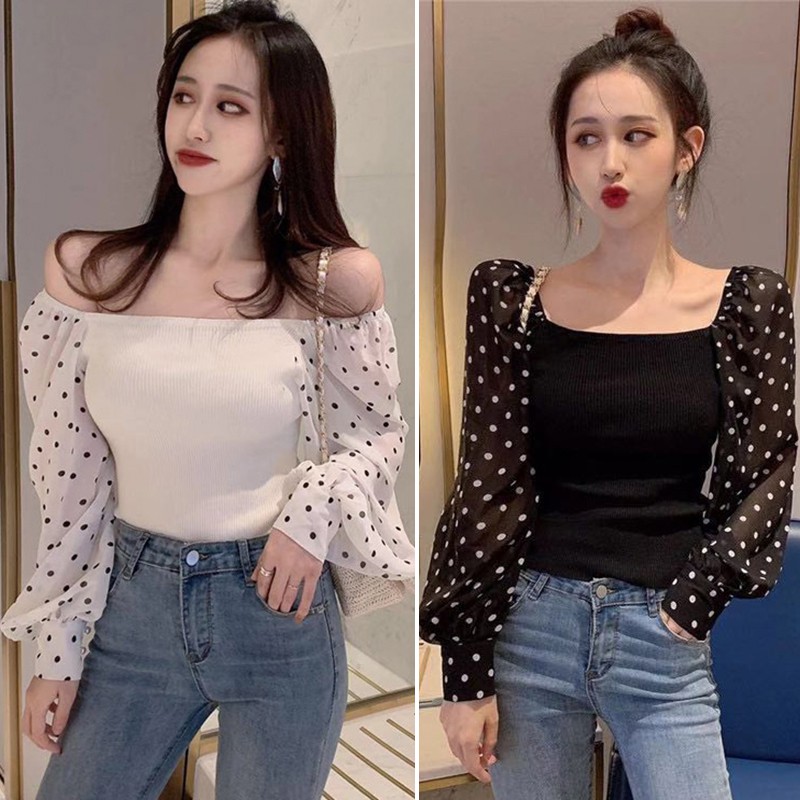 Áo nữ tay dài màu trơn chấm bi kiểu Hàn