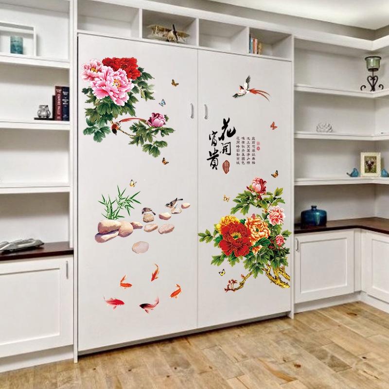 Tranh dán tường 3D hình hoa mẫu đơn và thư pháp Hoa khai phú quý KT 125x73cm, DECAL trang trí siêu rẻ