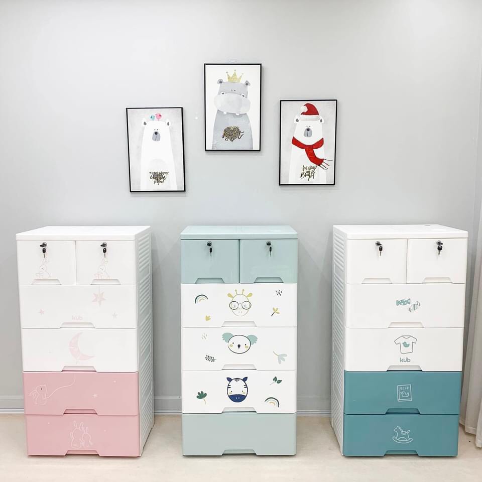 Tủ nhựa 5 tầng ngăn kéo CAYABE Holla đựng quần áo, đồ dùng in hình thế giới động vật cho bé và gia đình (có khóa)