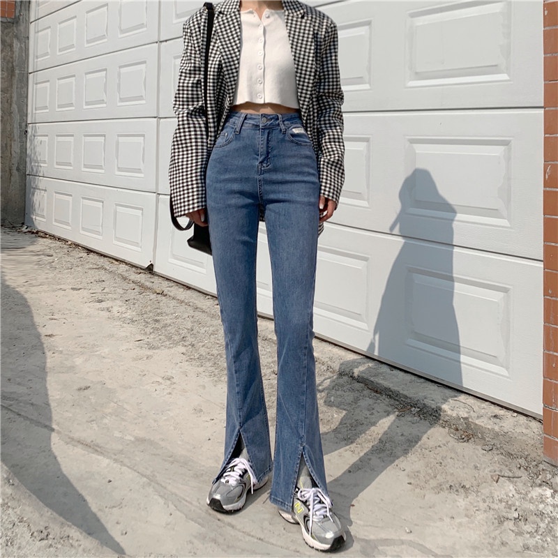 QKOOLE  Quần Jean Dài Eo Cao Vải Mỏng Phong Cách Hàn Quốc Dành Cho Nữ