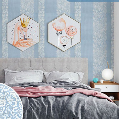Decal giấy dán tường sọc xanh viền hoa khổ 45cm keo sẵn