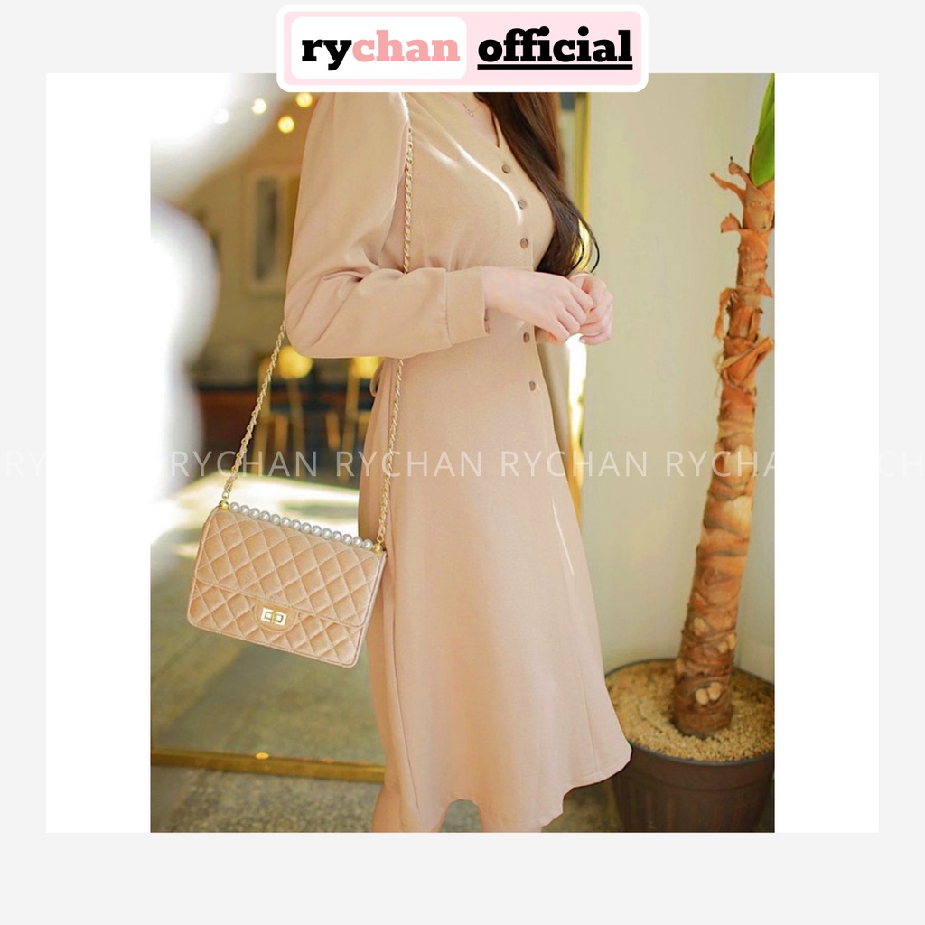 Đầm Xòe Midi Nude Cổ V Tay Dài Buộc Lưng  - DX9681