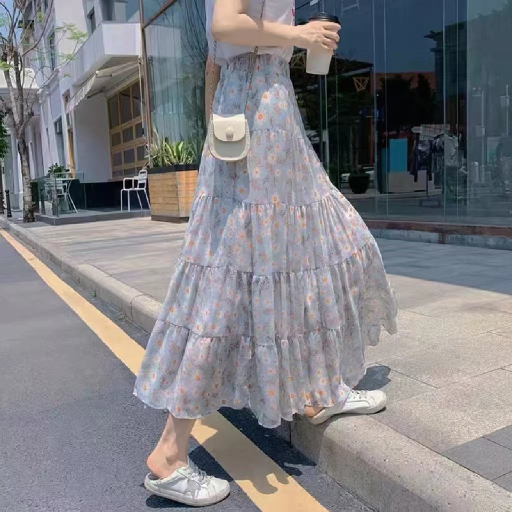 Chân váy voan BH dáng dài lưng cao in hoa thời trang mùa hè hàng mới 2022