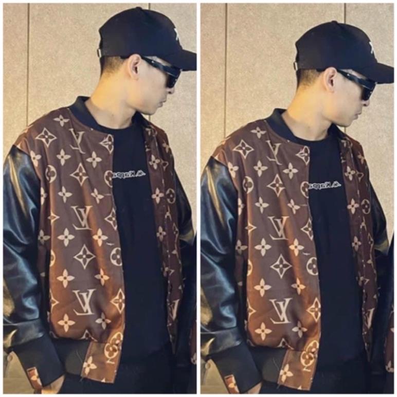 Áo Khoác Bomber L.V Kaki Nỉ Mềm Phối Tay Da Unisex