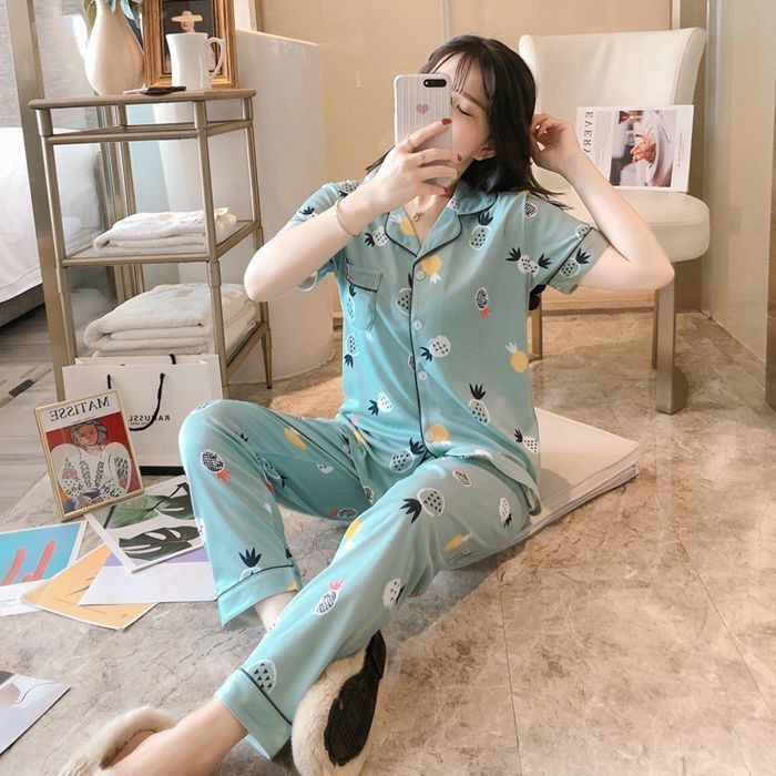 đồ ngủ✉✴net người nổi tiếng pyjama nữ quần dài tay ngắn mùa xuân và hè Kiểu dáng mỏng hoạt hình dễ thương Hàn Qu